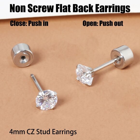 Silver 4mm Hypoallergenic Cubic Zirconia Stud Earrings for Women and Men - Picture 6 of 9